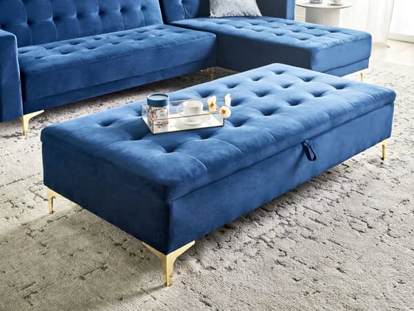 Fotskammel Marineblå Fløyel med Oppbevaring Metallben Dekorative Knapper Moderne Design Puff Stue