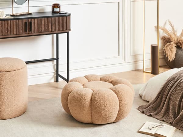 Puf Lysebrun Boucle ø 60 cm Rund Siddepuf i Stof Multifunktionel Fodskammel Indendørs Stue Børnepuf Design Blomst