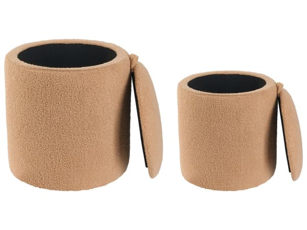Sæt med 2 puffer Lysebrun bouclé Rund form Skjult opbevaringsrum Moderne design Fodskammel