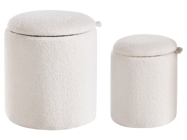 Sett med 2 puffer Off-White Bouclé Rund form Skjult oppbevaringsrom Moderne design Fotskammel