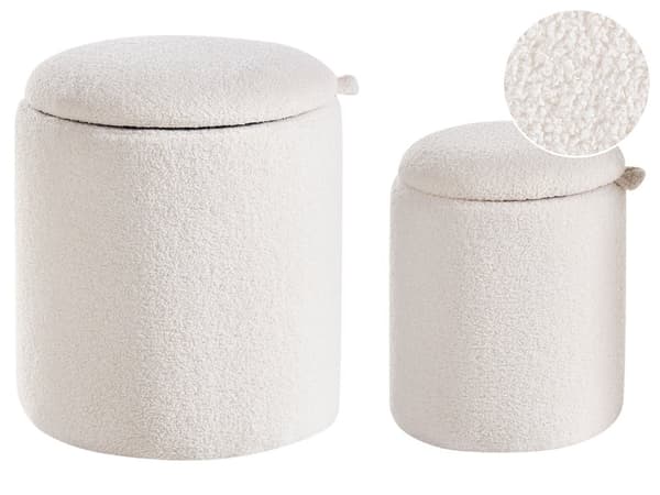 Sett med 2 puffer Off-White Bouclé Rund form Skjult oppbevaringsrom Moderne design Fotskammel