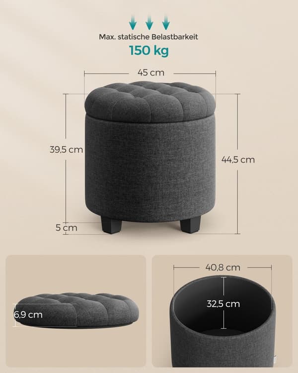 Taburet, SONGMICS, 45 cm i diameter, 44,5 cm i højde, Mørkegrå.