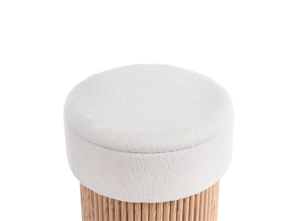 Oppbevaringspuff Off White Boucle Polstret Sete Trebunn Rund Fotskammel