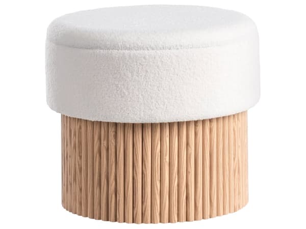 Oppbevaringspuff Off White Boucle Polstret Sete Trebunn Rund Fotskammel
