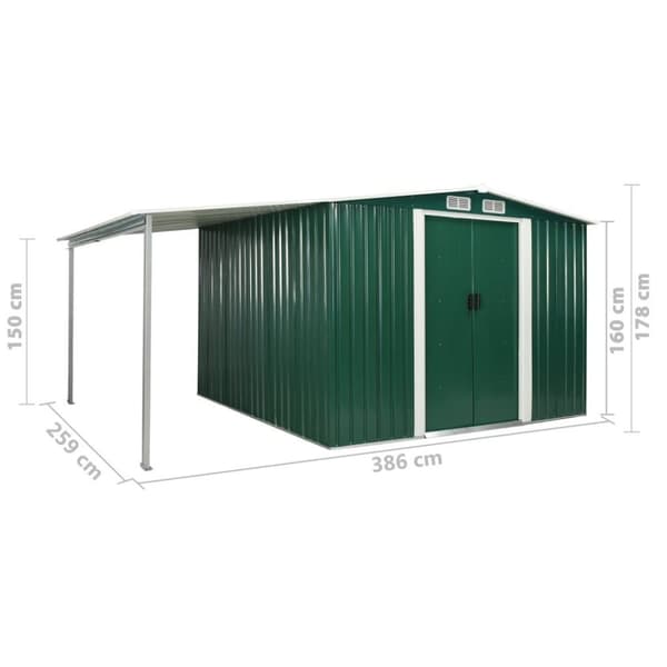 vidaXL haveskur med skydedøre 386 x 259 x 178 cm stål grøn