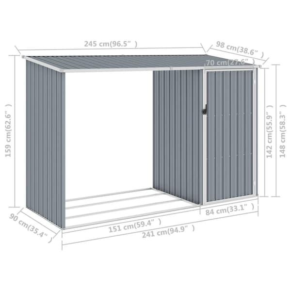 vidaXL brændeskur 245x98x159 cm galvaniseret stål grå