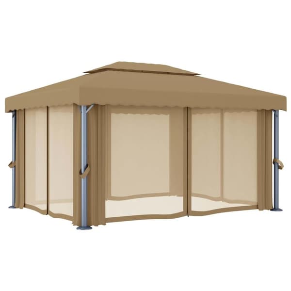 vidaXL Paviljong med gardin 4x3 m gråbrun aluminium