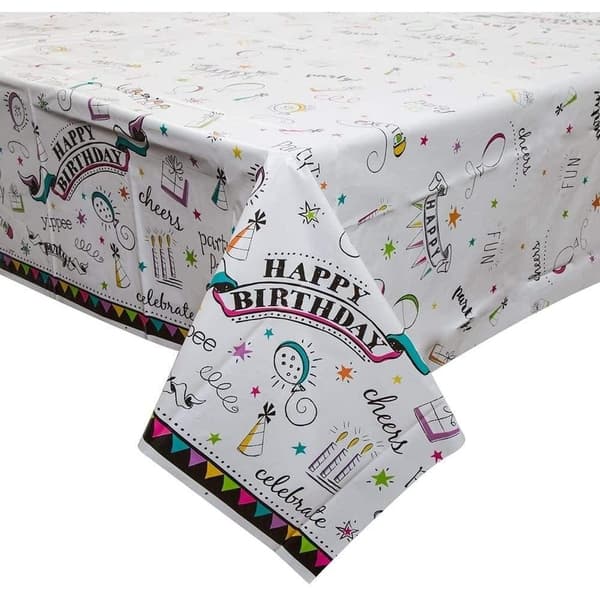 Unique Party Plastic Doodle Happy Birthday Party Table Cover Multicoloured One Size