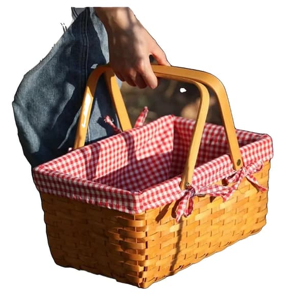Piknikkorin, kudottu luonnollisista puukuituista, punavalkoinen ruudullinen vuori,1kpl