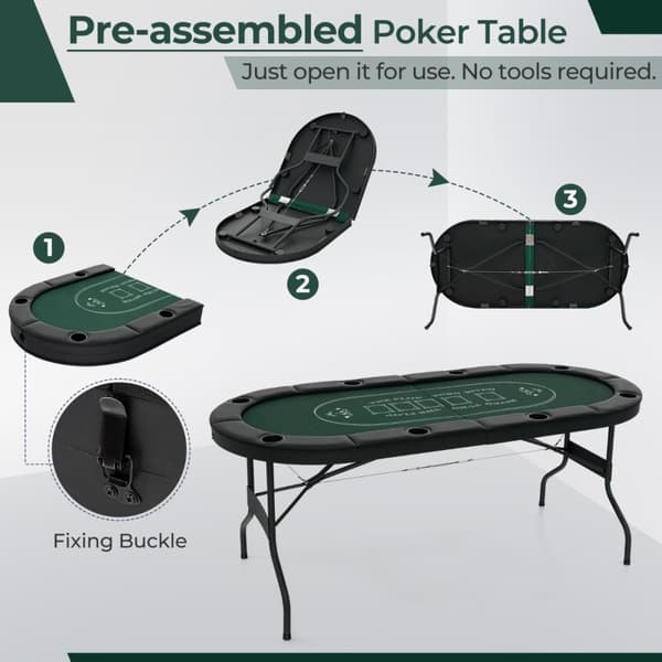 Pokeripöytä, 1,8m taitettava pokeripöytä Blackjack Texas Hold’em -kasinoviihdepeliin, 182x82x75 cm, Vihreä