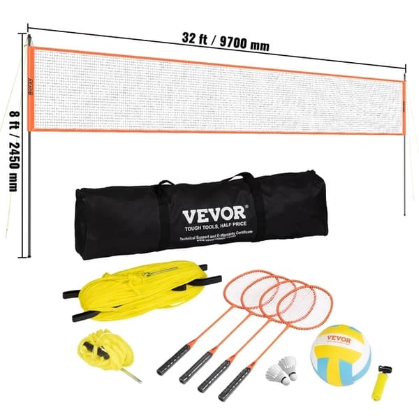 Udendørs Volleyball- og Badminton-sæt, Justerbare Stålstænger, Professionelt Kombi-sæt, 32 x 3ft