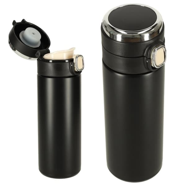 Termisk vandflaskekrus med mundstykke, LED termokande, 420ml, sort