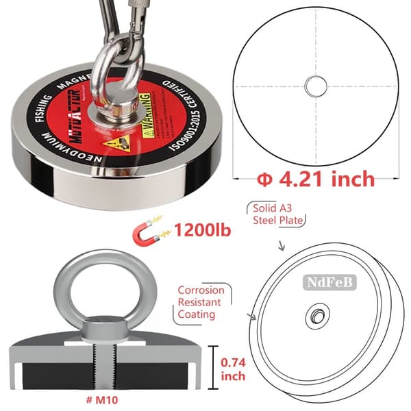 Raskasvelvollinen Neodyymikalastusmagneetti, 1300lb Vetovoima, Korroosionkestävä,Vain magneetti, halkaisija 107mm