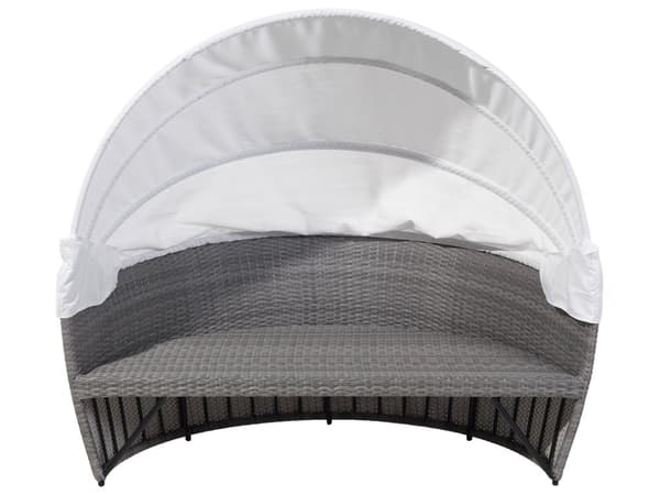 Trädgårdsmöbelset med Soffbord av Grå Konstrotting med Vita Kuddar och och Vit Baldakin Väderbeständig