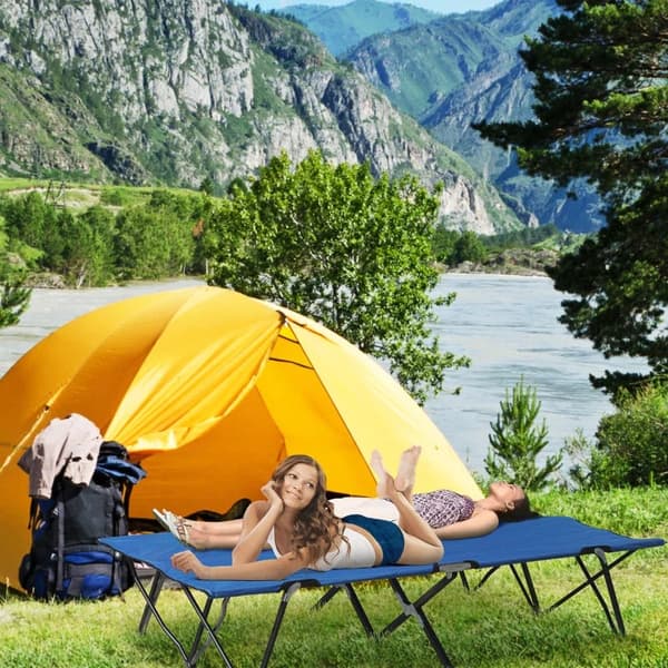 Rootz Foldecampingseng til 2 personer - Foldelejrseng med bæretaske - Kan holde op til 136 kg - Stål - Oxford - Blå + Sort - 193 x 125 x 40 cm
