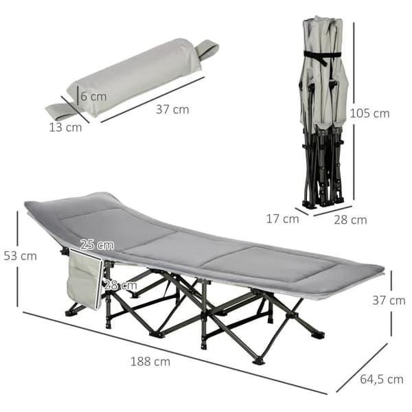 Rootz Camping Bed - Taitettava telttasänky - Kokoontaitettava sänky tyynyllä - Sivutasku - Patja - Vierassänky - Kestää jopa 150 kg - Oxford - Vaalean