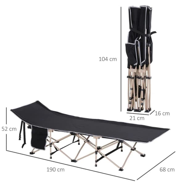 Rootz Campingseng - Sammenfoldelig - Bæretaske - Vejrbestandig - Gæsteseng - Bæretaske - Stål - Oxford - Sort - 190 X 68 X 52 Cm