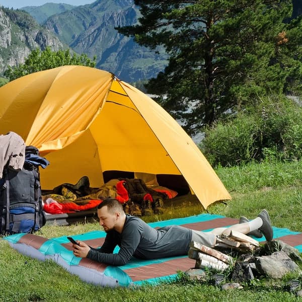 Rootz Camping Mat - Resväska - Camping Mat - Pump - Självuppblåsande - Lätt - Vattenavvisande - Plast-skum - Blått kaffe - 192L x 135W x 3H cm