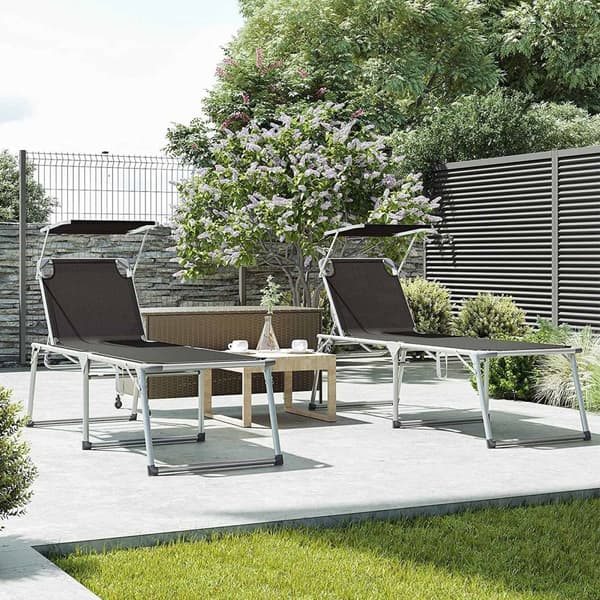 Lounger - Ekstra stor havestol - 65 x 200 x 48 cm - med solbaldakin og justerbar ryglæn - sort