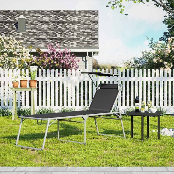 Lounger - Ekstra stor havestol - 65 x 200 x 48 cm - med solbaldakin og justerbar ryglæn - sort