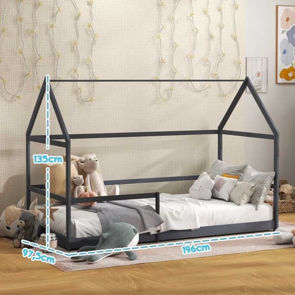 Rootz Children's Hut Bed - Kids Bed - Småbarnsäng - Säkerhetsräcke - Pine Wood - 196L x 97,5W x 135H CM - Perfekt för åldrarna 3-8