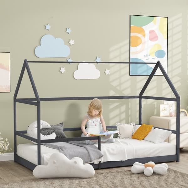Rootz Children's Hut Bed - Kids Bed - Småbarnsäng - Säkerhetsräcke - Pine Wood - 196L x 97,5W x 135H CM - Perfekt för åldrarna 3-8