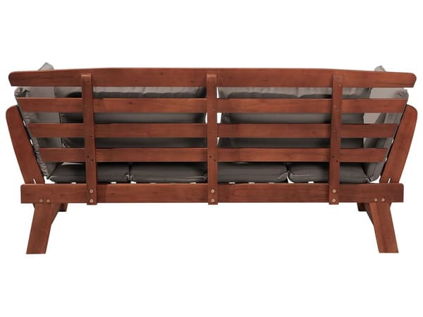 Puutarhapenkki tumma 165/210 x 80 x 66 cm puu harmaat pehmusteet kahdelle taitettavat käsinojat