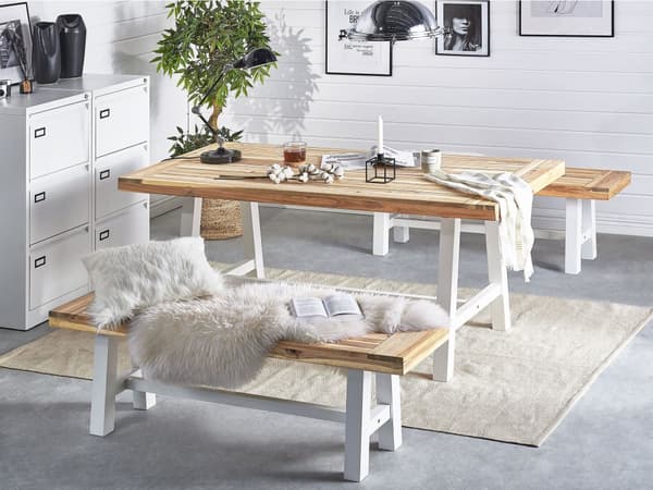 Penkki vaalea akaasia valkoiset jalat 140 x 45 x 36 cm 3 hengelle sisälle ulos