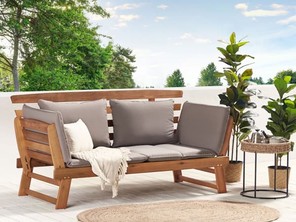 Havesofa Lys Træ Taupe Polyester 2 Personers Loungesofa med Hynde Lamel Bænk Multifunktionel Daybed Justerbare Armlæn Terrasse Havemøbel