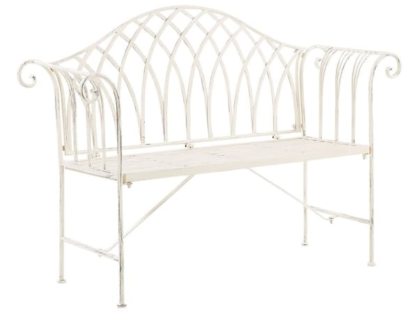Puutarhapenkki valkoinen metallia 130 x 94 x 45 cm filigraanikuvio pyöristetty käsinoja romanttinen tyyli
