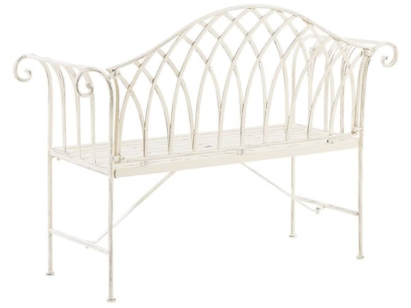 Puutarhapenkki valkoinen metallia 130 x 94 x 45 cm filigraanikuvio pyöristetty käsinoja romanttinen tyyli