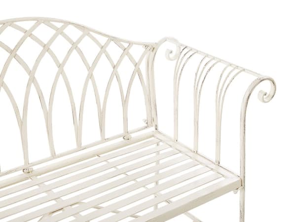 Puutarhapenkki valkoinen metallia 130 x 94 x 45 cm filigraanikuvio pyöristetty käsinoja romanttinen tyyli