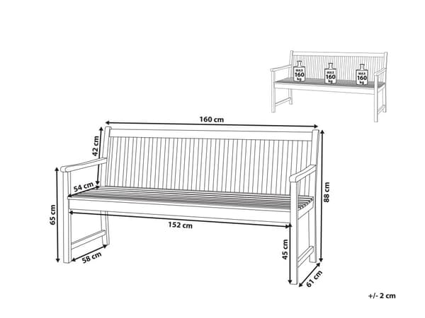 3-personers havebænk lyst akacietræ til terrasse altan klassisk design 160cm