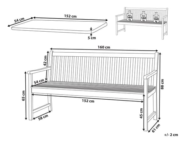Dobbelt havebænk lyst akacietræ 160 cm med marineblå pude til terrasse balkon klassisk design