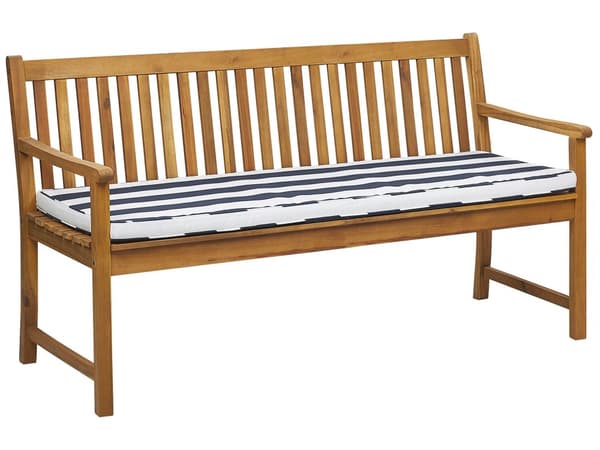 Dobbelt havebænk lyst akacietræ 160 cm med marineblå pude til terrasse balkon klassisk design