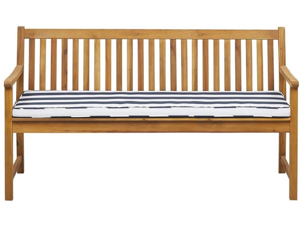 Dobbelt havebænk lyst akacietræ 160 cm med marineblå pude til terrasse balkon klassisk design