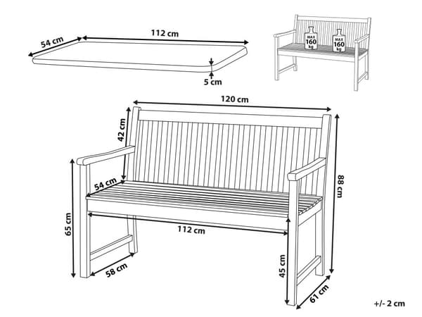 Dobbelt havebænk lyst akacietræ 120 cm med terrakotta pude til terrasse balkon klassisk design