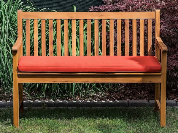 Dobbelt havebænk lyst akacietræ 120 cm med terrakotta pude til terrasse balkon klassisk design