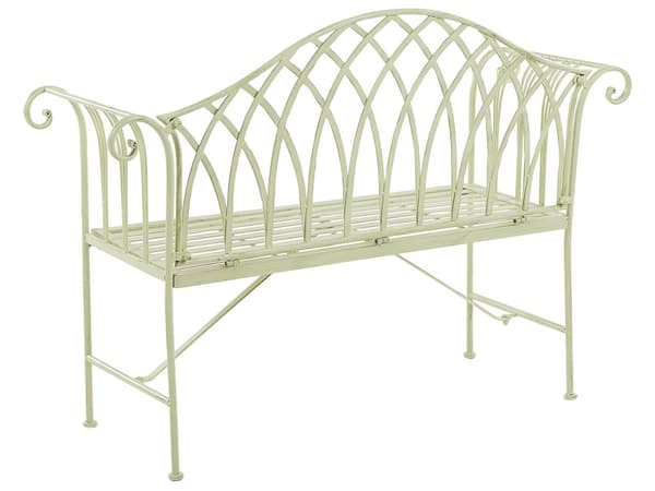 Puutarhapenkki vaaleanvihreä metallia 130 x 94 x 45 cm filigraanikuvio pyöristetty käsinoja romanttinen tyyli