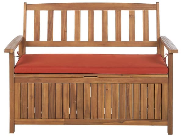 Hagebenk med oppbevaring Akasietre 2-seter 120 cm Rød sittepute Minimalistisk stil Hagemøbler Utendørs