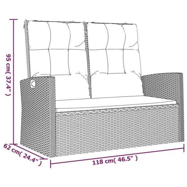 vidaXL havebænk med hynder 118 cm polyrattan sort