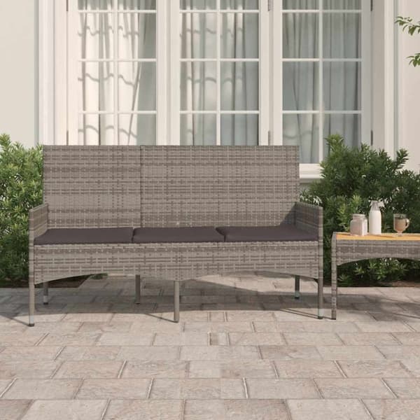 vidaXL 3-personers havebænk med hynder polyrattan grå