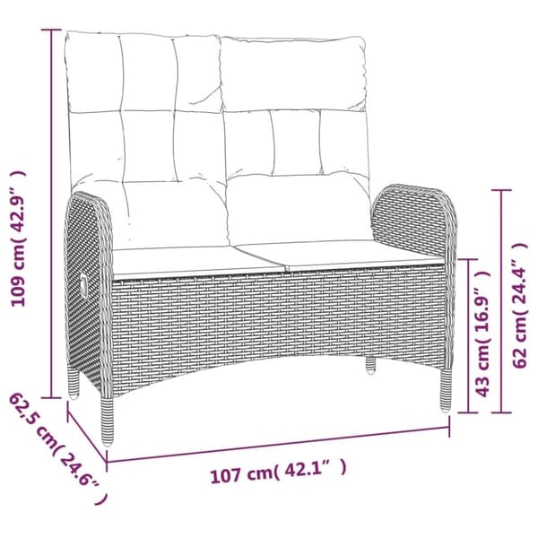vidaXL havebænk med lænefunktion og hynder 107 cm polyrattan sort