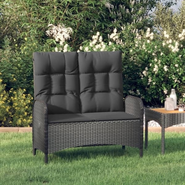 vidaXL havebænk med lænefunktion og hynder 107 cm polyrattan sort