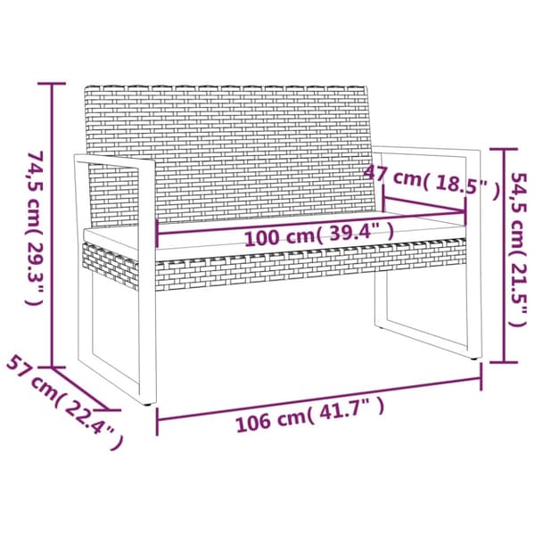 vidaXL havebænk med hynder 106 cm polyrattan sort