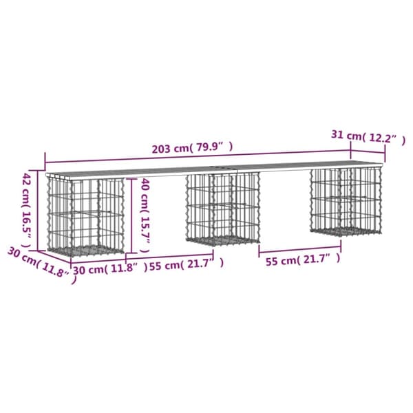 vidaXL Hagebenk gabiondesign 203x31x42 cm heltre furu