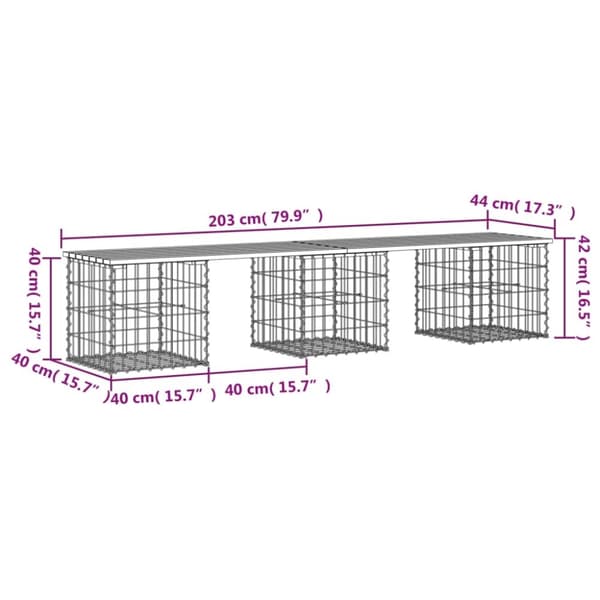 vidaXL Hagebenk gabiondesign 203x44x42 cm heltre furu