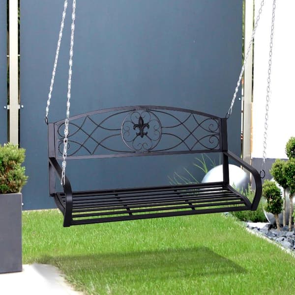Nancy's Atascadero Hangbank - 2-Zits Bank - Tuinbank - Schommelbank - Kettingen - Metaal - Svart - 132 x 63 x 58 cm