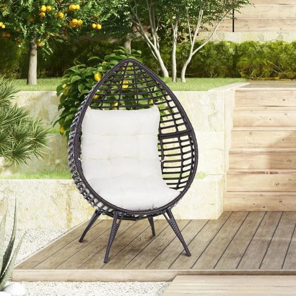 Rootz Teardrop Rattan Stol - Æggestol - Rattan Lænestol - PE Rattan - Polyester - PP Bomuld - Brun + Beige - 101cm x 89cm x 156cm