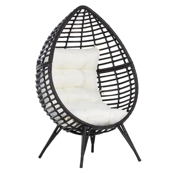 Rootz Teardrop Rattan Stol - Æggestol - Rattan Lænestol - PE Rattan - Polyester - PP Bomuld - Brun + Beige - 101cm x 89cm x 156cm